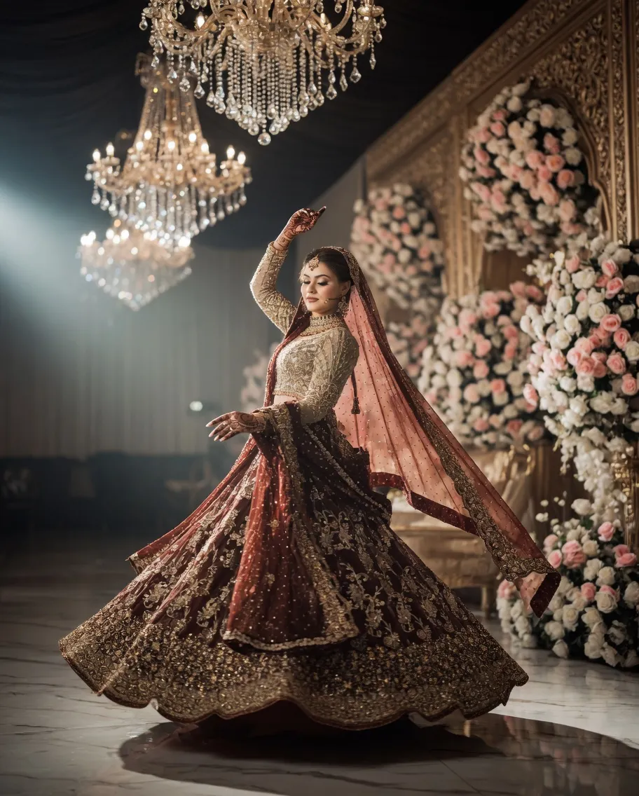 Bride portrait beside gold pillar